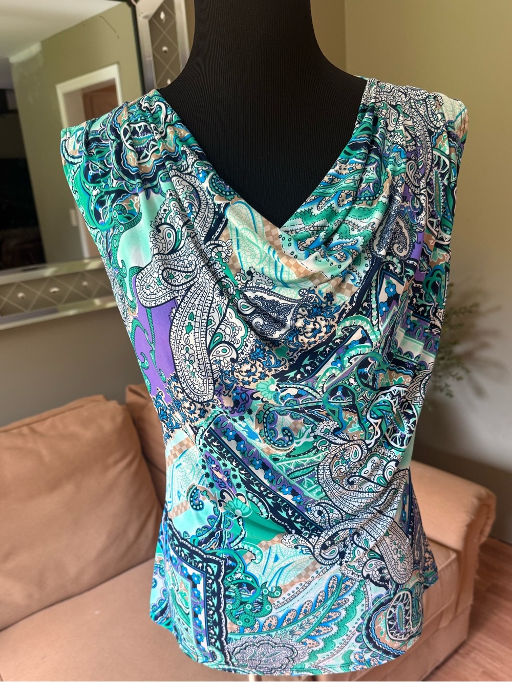 Vtg 90s Jennie & Marlis Paisley Blouse Top M Draped Front Blue Green Y2K Medium